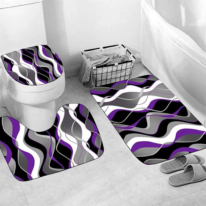 Nkzply 4 Pcs Purple Shower Curtain Black Bathroom Sets with Shower Curtain and Rugs Grey Modern Striped Shower Curtain Set White Bathroom Rugs Set Bathroom Decor and Accessories Toilet Lid Cover Hooks