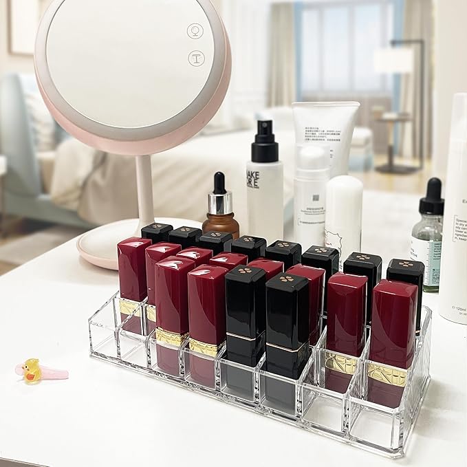 KEUYE Lipstick Organizer For Drawer,24 Slot Lipstick Organizer,Lipstick Organizer For Drawer Flat,Lipstick Organizer Drawer Insert,Acrylic Makeup Drawer Organizer Lipstick