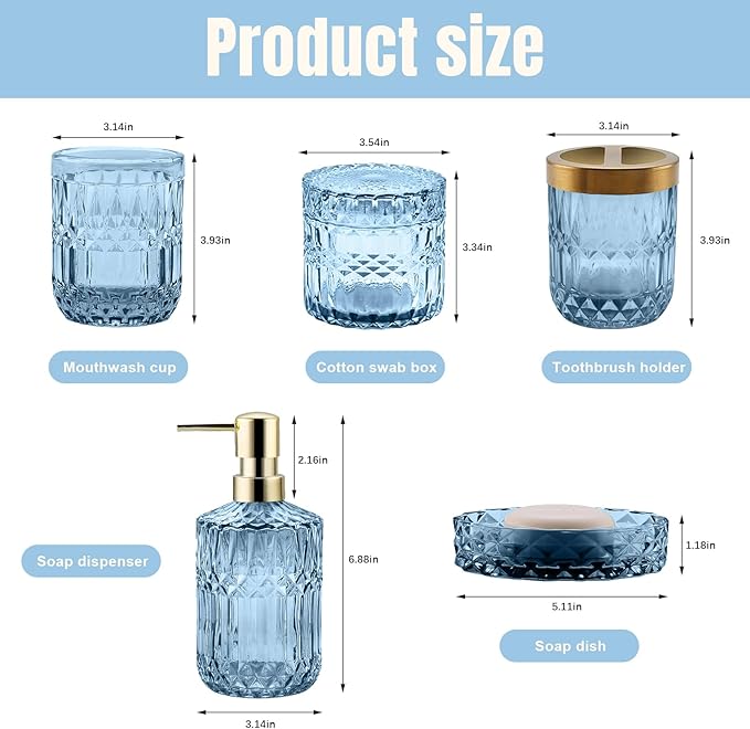 5Pcs Blue Bathroom Accessories Set, Glass Bathroom Accessories, Vintage Bathroom Countertop Decoration Includes Soap Dispenser, Toothbrush Holder, Qtip Holder,Soap Dish and Rinsing Cup