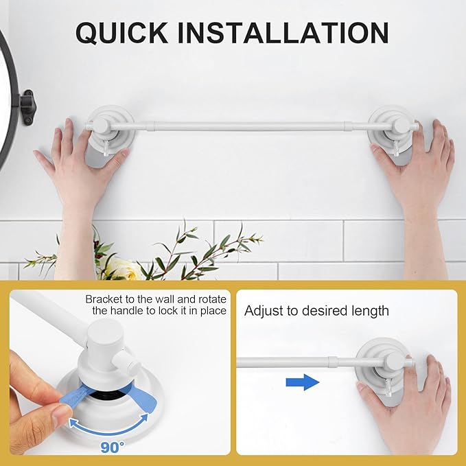 Suction Cup Towel Bar for Shower, 15.75''-25.6'' Adjustable Stainless Steel Towel Holder, Heavy Duty Suction Towel Rack with Powerful Vacuum Adsorption for Bathroom, Kitchen, RV, and Renters (White)