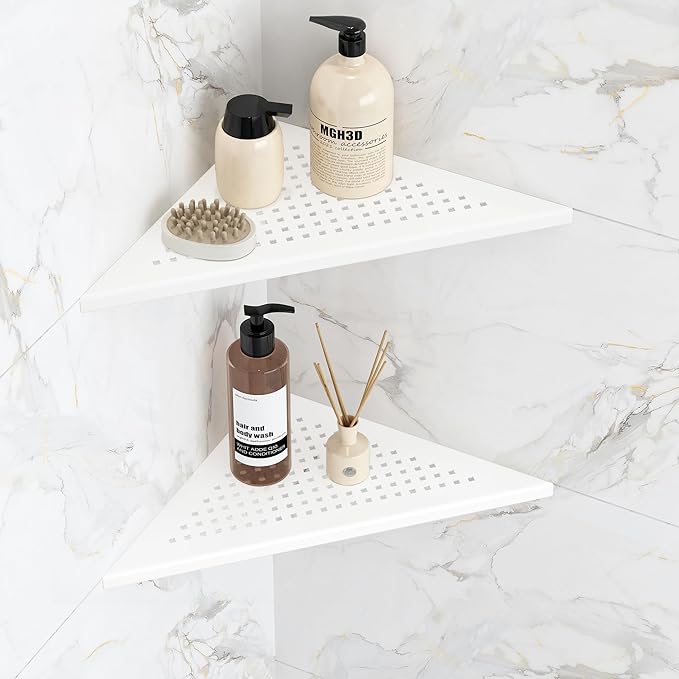 Qeke Corner Shower Shelves, 10” Recessed Tile Shower Shelf Matte White, 304 Stainless Steel Grout in Corner Tile Shower Shelves, No Drilling, 2 Pack