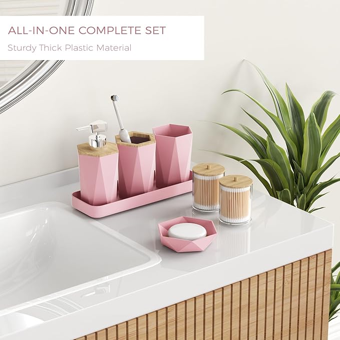 BSSN 10-Piece Pink Bathroom Accessories Set - Unbreakable Modern Bath Decor with Bamboo Accents - Includes Trash Can, Toilet Brush, Soap Dispenser, Tray, 2 Q-tip Holders - Complete Essentials