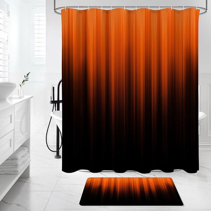 Litabel 4 Pcs Orange and Black Gradient Shower Curtain Set with Rugs and Toilet Lid Cover, Modern Simple Waterproof Fabric Bathroom Set, Ombre Stripe Gothic Abstract Bathroom Decor Set Accessories