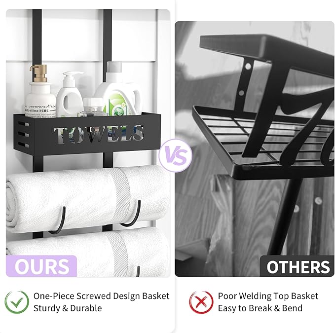 STWWO 6 Tier Over The Door Towel Racks for Bathroom, Wall Mount Bathroom Towel Storage with Basket, Over The Door Towel Holder for Roll Towels, Small Bathroom, RV, Camper, Black