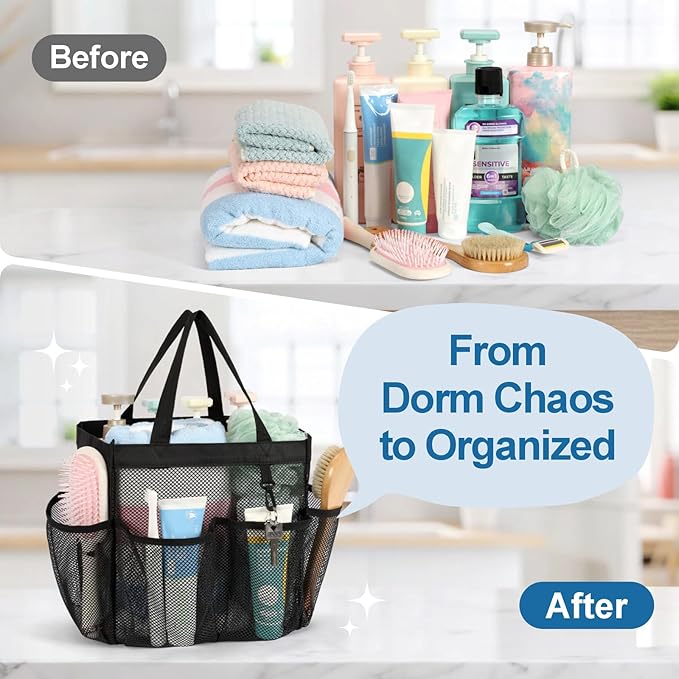 F-color Mesh Shower Caddy Portable for College Dorm Room Essentials with S Hook, 8 Pockets 2 Handles Quick Dry Shower Bag for Camping, Travel, Gym, Bathroom, Hanging Toiletry Organizer, Black