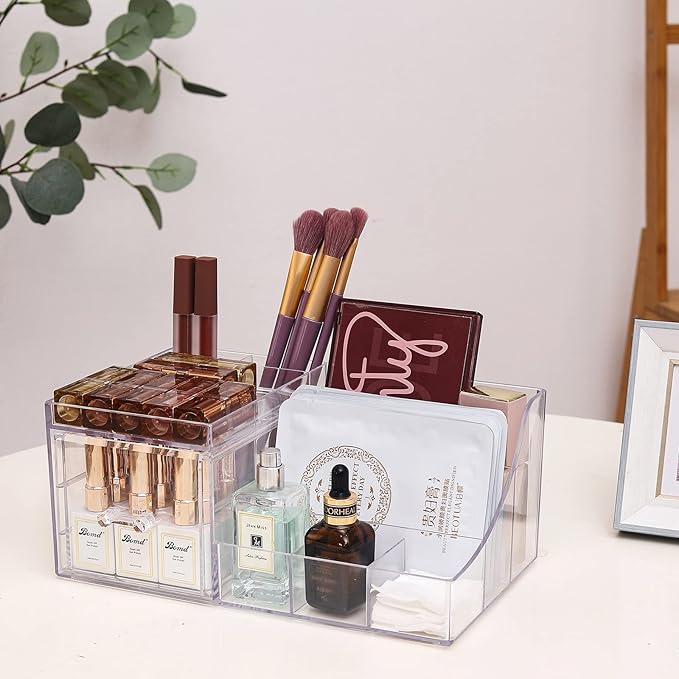 Cq acrylic1 Pack Clear Makeup Organizer Countertop,Stackable 1 Drawers Skincare Organizer,Cute Skin Care Organizer for Vanity Hair Clip,Jewelry,Beauty Product Desk and Make Up Organizers for Vanity