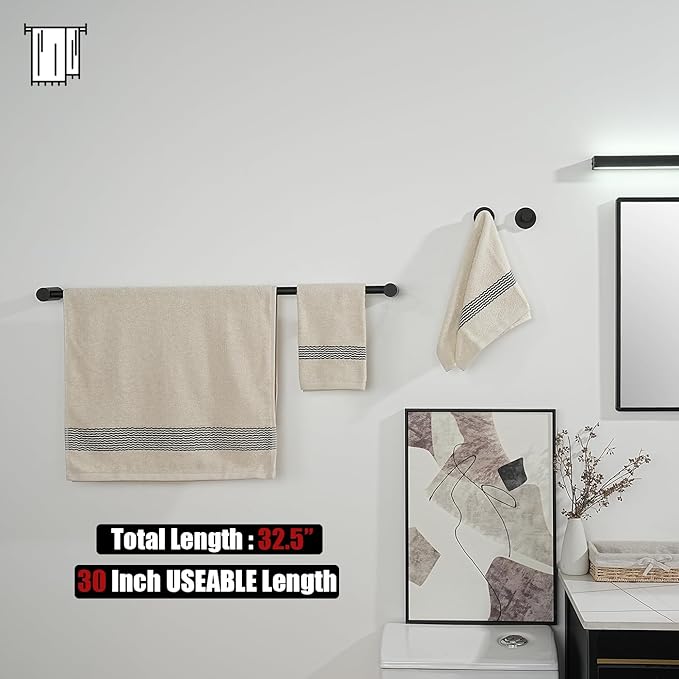 JQK Bath Towel Bar Black, 32.5 Inch 304 Stainless Steel Thicken 0.8mm 2 Pieces Towel Rack Bathroom Wall Mount, Useable Length 30 Inch, TB610L30-PB