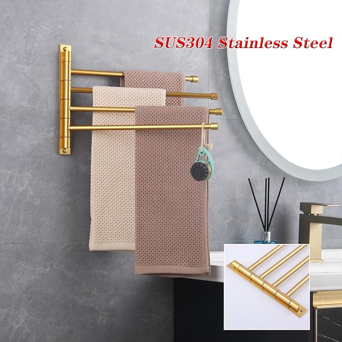 GERZWY Wall Mount Bath Towel Rack with 4 Arms Hanger Towel Holder Bathroom Swing Arm Towel Bars Organizer Stainless Steel Gold Finished HYG04-BE
