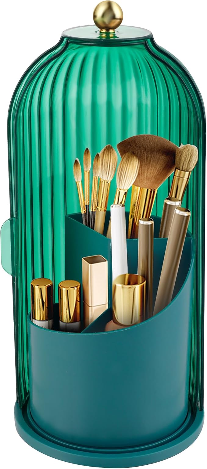 Makeup Brush Holder Organizer, 360 Rotating Makeup Brush Holder, Dustproof Waterproof Material & with 3 Compartments for Organized Storage, Dressing Tables Clear Storage Skincare Cosmetic (Green)