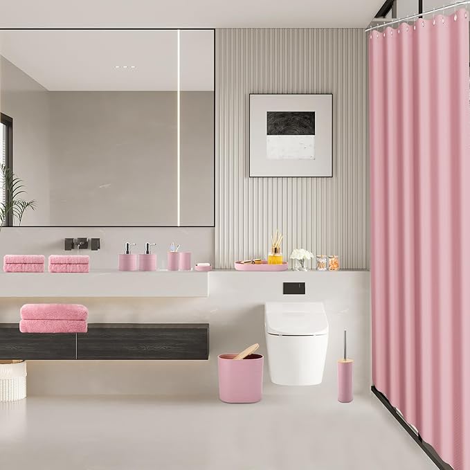 XLHOMO Pink Bathroom Accessories Set, Bathroom Sets with Shower Curtain, Bath Towel Set, Pink Shower Curtain Set with Bathroom Trash Can, Soap Dispenser, Soap Dish for Home Decor