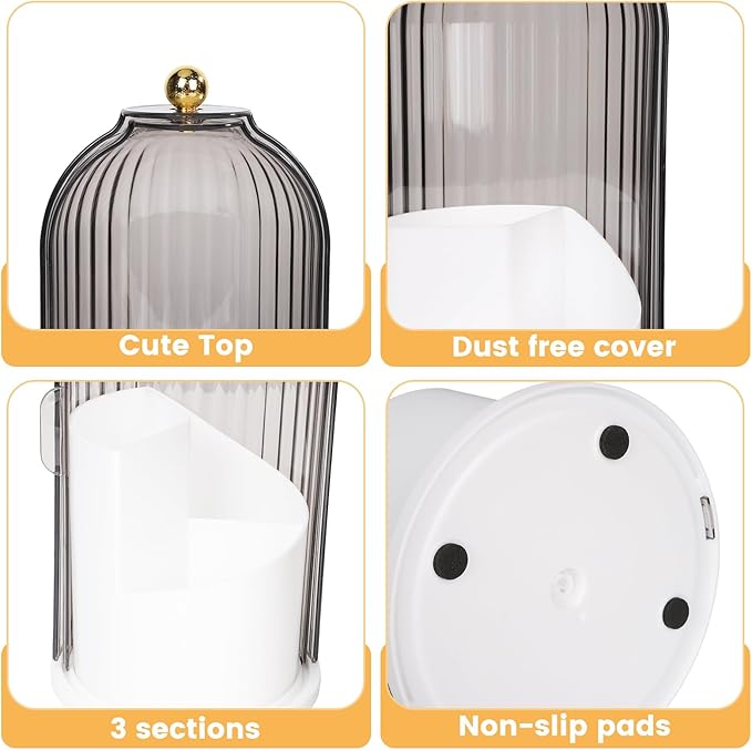 3 Tier Makeup Organizer with Clear Lid - 360° Rotating Protective Vanity Brush Holder for Bathroom Countertop Gray