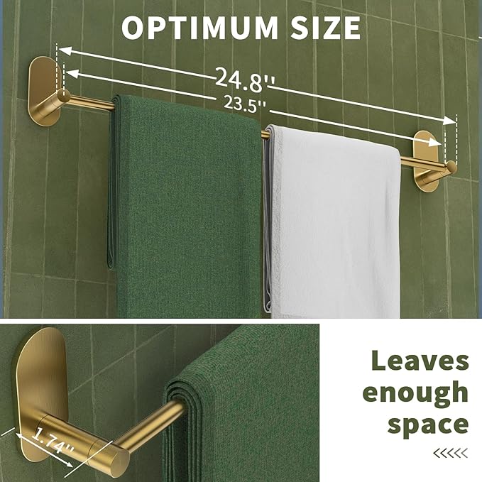 Self Adhesive Towel Bar for Bathroom 24ich Stainless Steel and Zinc Alloy No Drill Towel Rack Heavy Duty Hanger Stick On Hand Towel Holder for Kitchen, Cabinet, Door, Shower, Brushed Gold