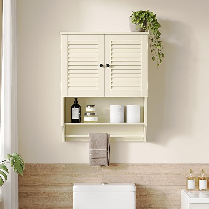 ChooChoo Bathroom Wall Cabinet with Towels Bar, 23.6" L x 8.8" W x 29.5" H MDF Material Medicine Cabinet, 2 Doors Over The Toilet Space Saver Storage Cabinet with Large Space, Cream Yellow