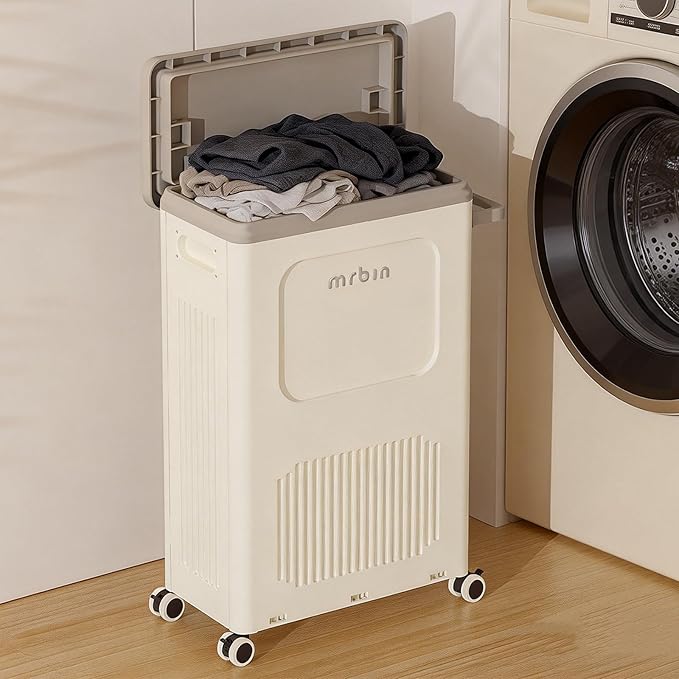 Mrbin Slim Wheeled Laundry Hamper Plastic with Lid, 50L / 13gal Closet Rectangle Basket Containers, Narrow Storage Bins Rolling Utility Organizer Boxes Cart for Bathroom, Clothing, Pantry, White