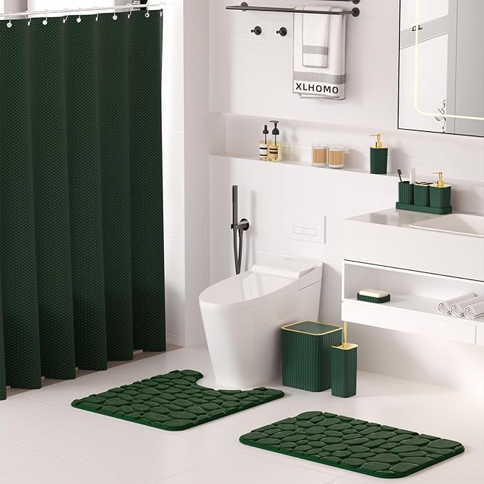 XLHOMO Bathroom Accessory Set - 25PC Green Bathroom Sets, Bathroom Set with Shower Curtain and Rugs, Dark Green Shower Curtain Set, Trash Can, Qtip Holder & Soap Dispenser