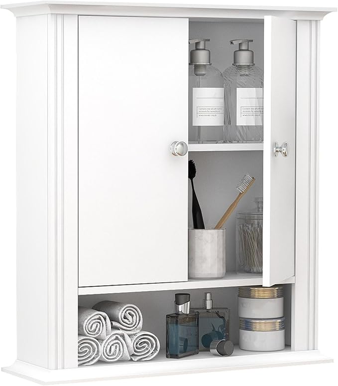 White Bathroom Wall Cabinet, Over the Toilet Storage Cabinet, Bathroom Cabinet Wall Mount, 2 Doors & Hooks, Medicine Cabinet Organizer, Hanging Wall Cabinet Cupboard for Kitchen Laundry Room White