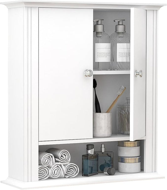 White Bathroom Wall Cabinet, Over the Toilet Storage Cabinet, Bathroom Cabinet Wall Mount, 2 Doors & Hooks, Medicine Cabinet Organizer, Hanging Wall Cabinet Cupboard for Kitchen Laundry Room White