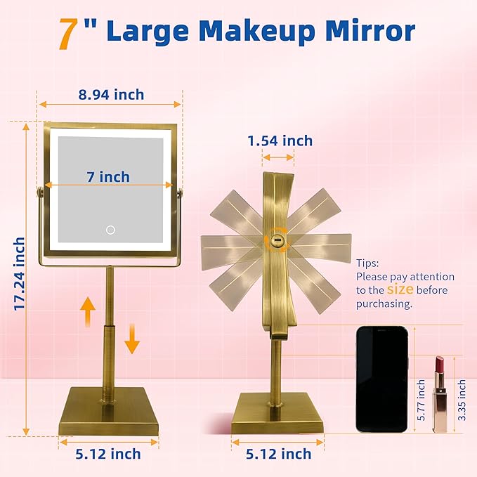Ruacq Makeup Mirror with Lights, 4000mAh Rechargeable Magnifying Mirror with Light, 1X/10X, Height Adjustable Bathroom Vanity Mirror, 3 Colors, Adjustable Brightness (Antique Brass)