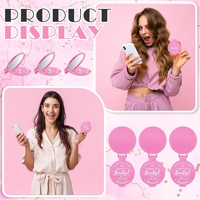 18 Pcs 2.76 Inch Inspirational Compact Mirror Bulk Women Small Gifts Graduation Party Favors Purse Mirror Pocket Mini Stuffer Items for Adult Coworker Cheerleader Employee (Pink)
