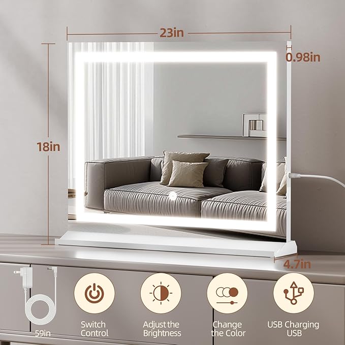 Memobarco Vanity Mirror with Lights, 23"x 18" Makeup Mirror with 3 Color Modes 5X Magnification & USB/Type-C Charging Port, Large LED Mirror for Bedroom Tabletop & Wall Mounted