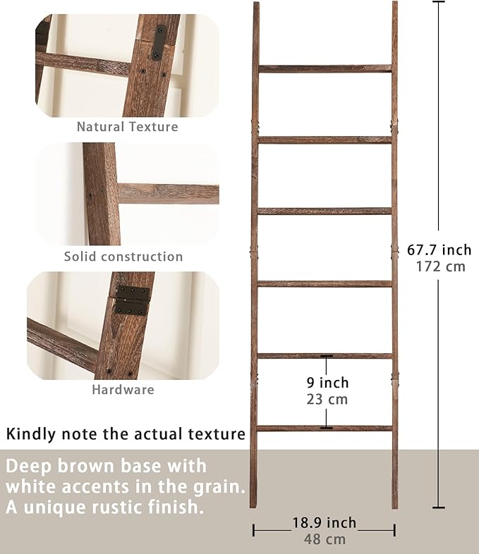 Blanket Ladder for The Living Room 6-Tier, Wooden Decorative Quilt Holder for Bed Room, Wall-Leaning Wood Towel Rack for Bathroom，Rustic Farmhouse Ladders for Display. (Washed Brown)