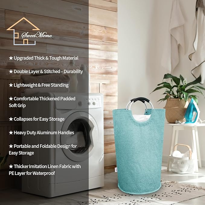 Laundry Hamper Bag, Tall Laundry Basket with Handles, Collapsible Colthes Hamper with Aluminum Handles, Heavy Duty Clothes Hamper for Girls, Dorm, Bedroom, Durable Double Layer. Light Blue