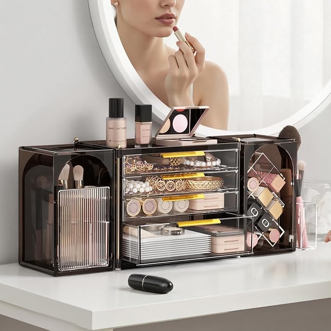 4-Tier Drawer Makeup Organizer, 3-in-1 Free Combination Cosmetic Storage with Lipstick Holder & Brush Rack, Skincare Organizer with Mini Tray for Vanity Bathroom Bedroom Dorm