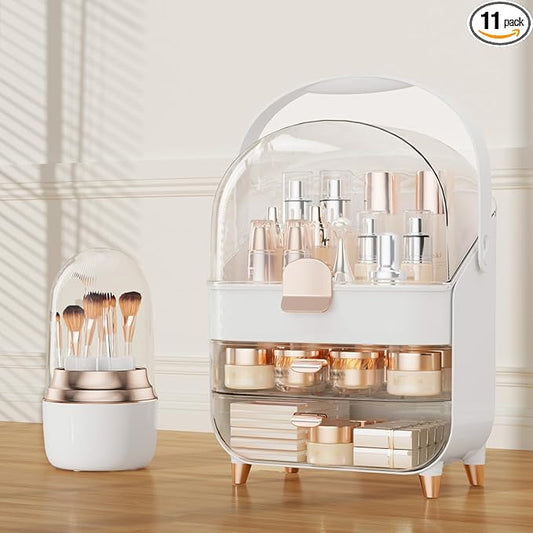 Makeup Organizer Countertop & 360° Rotating Makeup Brush Holder, Skincare Holder with Lid and Drawers, Storage Box Cosmetic Display Cases, Teen Girl Gifts, Vanity, Bathroom Counter,Rose Gold