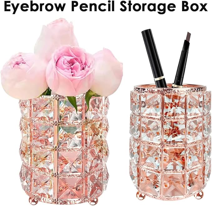 AKOAK 1 Pack Crystal Makeup Brush Holder Office Supplies Storage Rack Eyebrow Pencil/Lipstick/Pencil Makeup Container, Dressing Table, Bedroom, Office (Rose Gold)