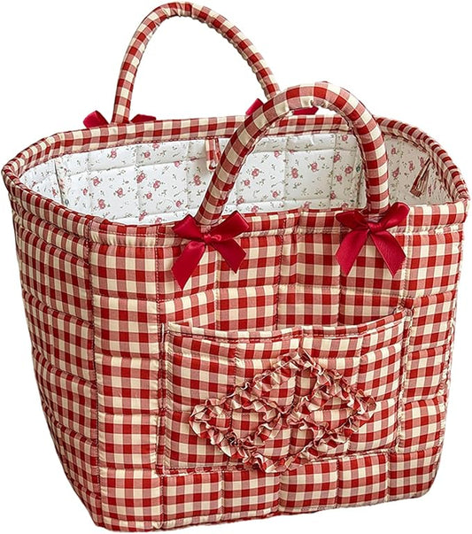Quilted Fabric Basket Car Storage Basket Boho Floral Laundry Hamper for Nursery Bedroom & Living Room | Organize Clothes Toys (Red Gingham Check)