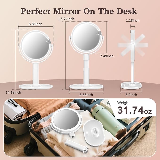 Makeup Mirror with Lights, 4000mAh Rechargeable Magnifying Mirror with 3 Colors Lights and Adjustable Brightness, 15X/1X Makeup Mirror, Height and 360°Adjustable, Valentine's Gifts for Women