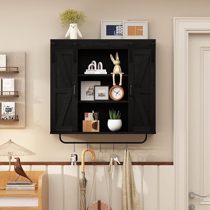 RUSTOWN Rustic Wood Wall Storage Cabinet with Two Sliding Barn Door, 3-Tier Decorative Farmhouse Vintage Cabinet for Kitchen Dining, Bathroom, Living Room,Black