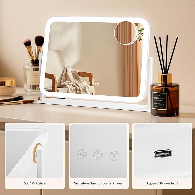 Vanity Mirror with LED Lights, 16.4x12.2 Inch Makeup Mirror, 3-Color Dimmable Touch Screen, 5X Magnification, 360° Rotation, Large Tabletop Mirror for Bedroom Vanity