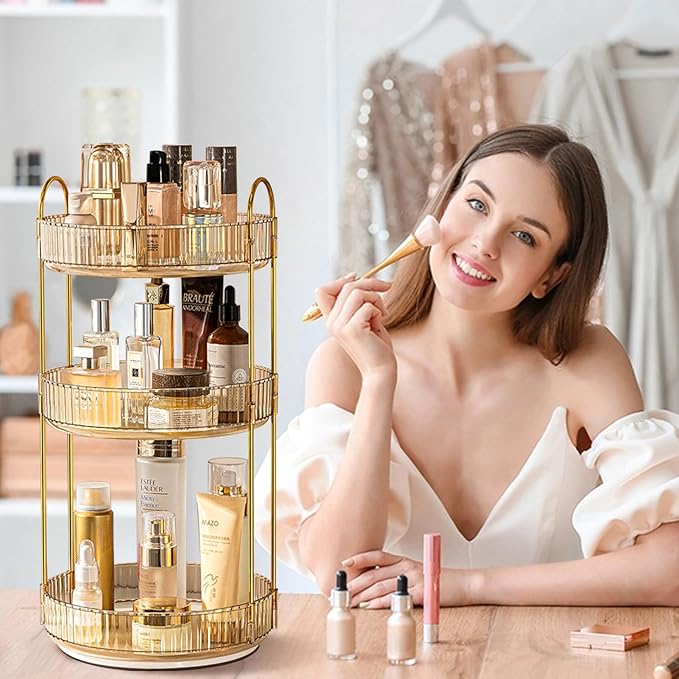 shuang qing Rotating Makeup Organizer for Vanity, High-Capacity Skincare Clear Make Up Storage Perfume Organizers Cosmetic Dresser Organizer Countertop 360 Spinning (Gold, 3 Tier)