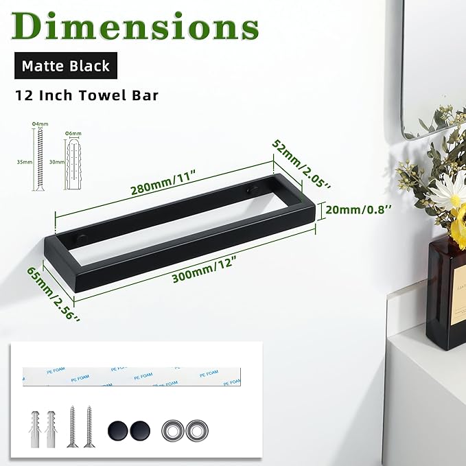 Alise Hand Towel Holder,12 Inch Towel Bar for Bathroom,Towel Racks for Lavatory,Wall Mount Towel Hanger,SUS304 Stainless Steel Towel Rail,Matte Black