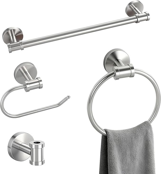 Bathroom Hardware Set 4 Piece, SUS304 Stainless Steel Bathroom Towel Rack Holder Set, Brushed Nickel Towel Bar Set-20 Inch Bathroom Towel Bar, Nickel Toilet Paper Holder, Hook for Bathroom, Towel Ring