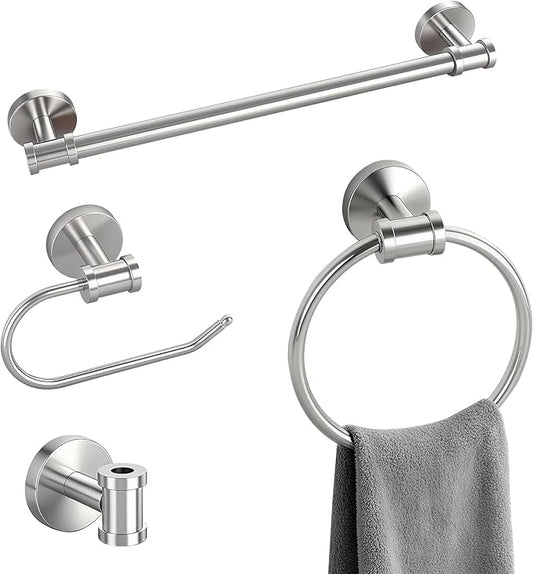 Bathroom Hardware Set 4 Piece, SUS304 Stainless Steel Bathroom Towel Rack Holder Set, Brushed Nickel Towel Bar Set-20 Inch Bathroom Towel Bar, Nickel Toilet Paper Holder, Hook for Bathroom, Towel Ring