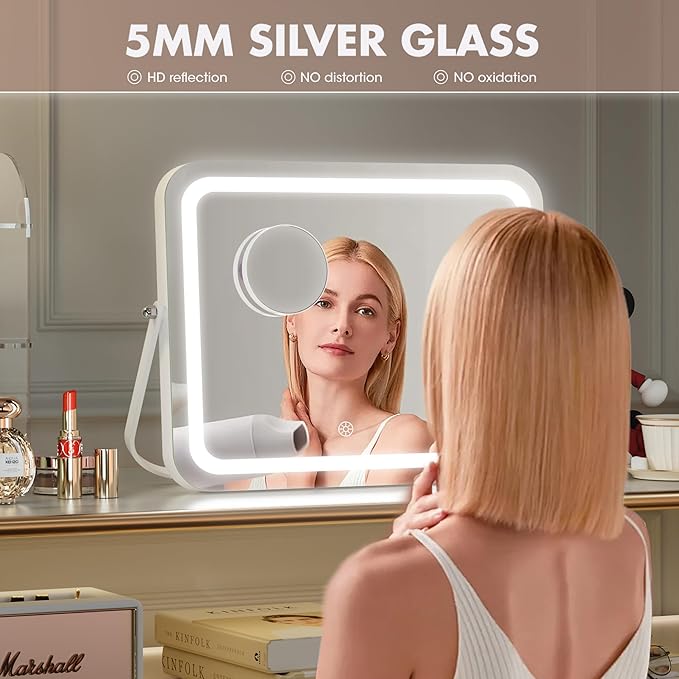 Hasipu LED Makeup Mirror with Bluetooth Speaker, 14" x 10" Wide-Screen Vanity Mirror with Lights, 3 Modes Light, Smart Touch Control Dimmable, Rectangle White Frame
