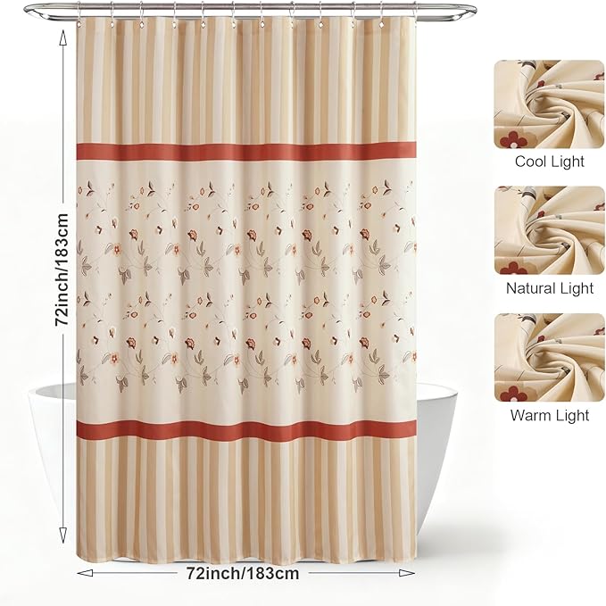 Floral Fabric Shower Curtains for Bathroom, Cream Beige Gray Flower Shower Curtain, Waterproof Washable Decorative Bathroom Curtains, 72" W x 72" H