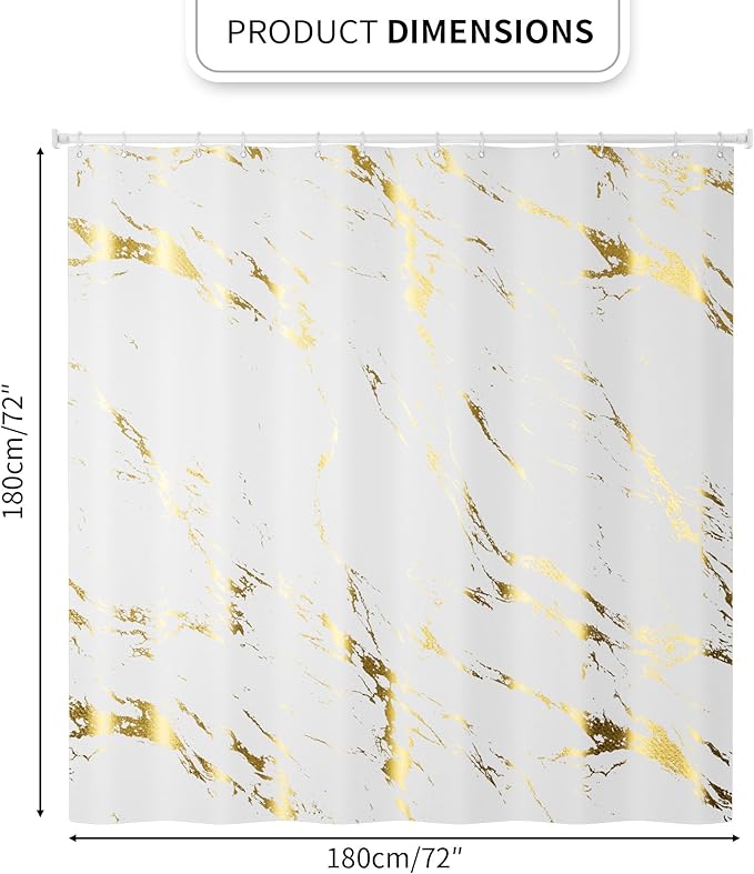 Gold Marble Shower Curtain, Waterproof Bathroom Decor Curtain with Hooks, Stylish White & Gold Pattern Bath Curtain for Modern/Luxury Bathrooms (72x72 Inches)