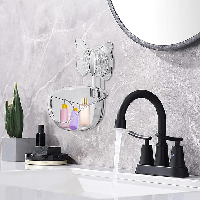 Self Adhesive Shower Shelves, Makeup Sponge Holder, Clear Shower Shelves Bottom Equipped with Drainage Holes and Powerful Butterfly Pressure Suction Cups, Adhesive Bathroom Shelves (Translucent gray)