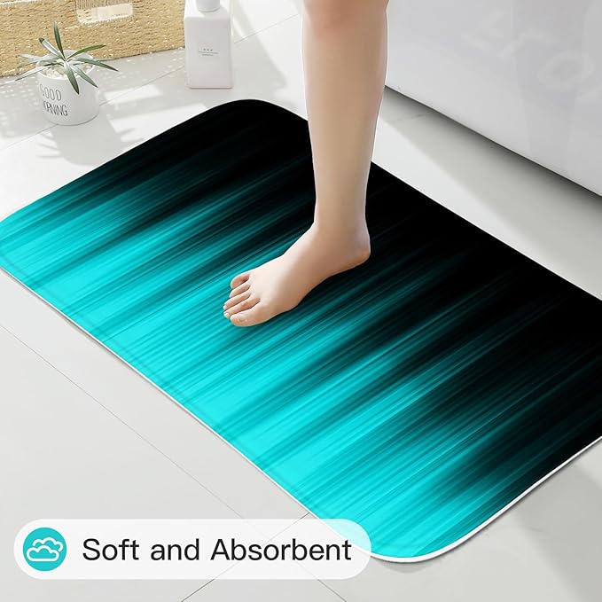 Litabel 4 Pcs Teal and Black Gradient Shower Curtain Set with Rugs and Toilet Lid Cover, Modern Simple Waterproof Fabric Bathroom Set, Ombre Stripe Gothic Abstract Bathroom Decor Set Accessories