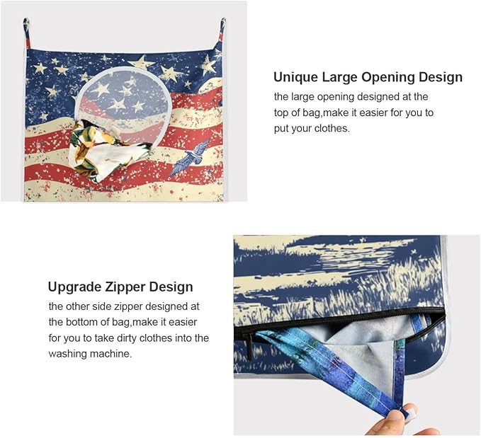 July 4th Flags Mountains Blue Door Hanging Laundry Hamper Bag with Free Adjustable Stainless Steel Hooks Dirty Clothes Hamper Extra Large Over the Door Laundry Hamper 29.5X20inch 1 PCS