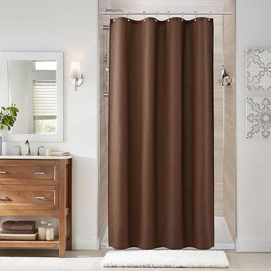 Naturoom Caramel Brown 48 Inch Shower Curtain - Stall Narrow Half Linen Ultra Thick Fabric Shower Curtain Set with Hooks, Boho Farmhouse Rustic RV Camper Bath Curtains for Bathroom, 48x72