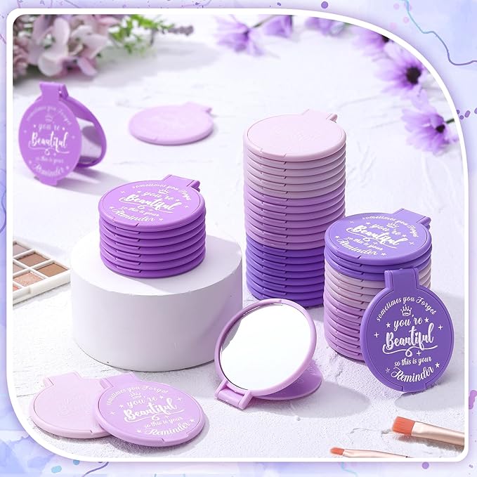 100 Pcs 2.76 Inch Inspirational Compact Mirror Bulk Women Small Gifts Graduation Party Favors Purse Mirror Pocket Mini Stuffer Items for Adult Coworker Cheerleader Employee (Purple Series)