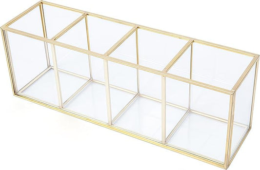 JIARI Gold 4-Compartment Desktop Organizer, Transparent Glass Makeup Brush Holder, 10.23x3.54x2.75 Inches Storage for Home Office and School Items (Gold-4 Slot)