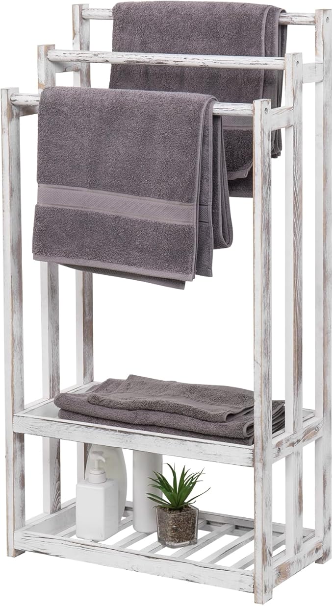 MyGift 3 Tier Bathroom Towel Rack Freestanding, Free Standing Bath Towel Drying Holder Stand with 2 Slatted Bottom Storage Organizer Shelf, Farmhouse Whitewashed Solid Wood