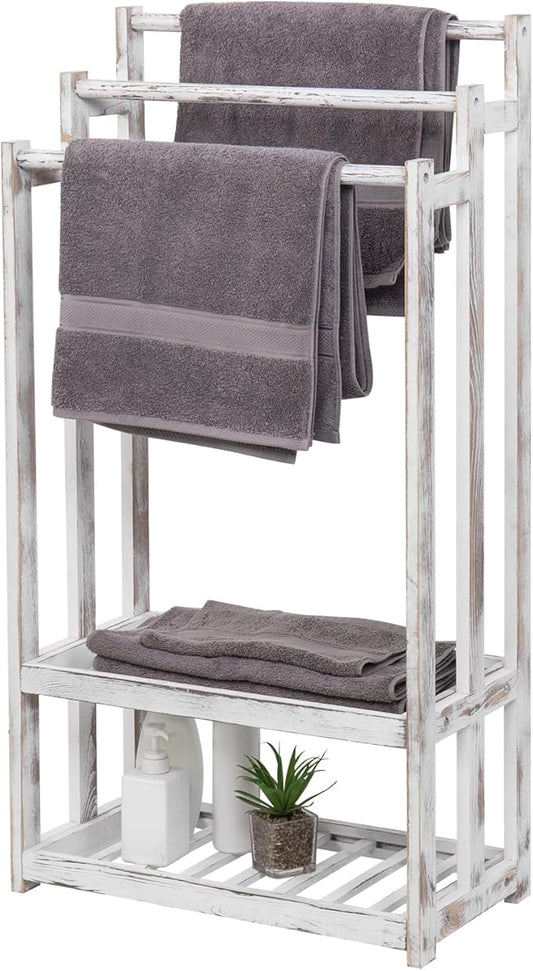 MyGift 3 Tier Bathroom Towel Rack Freestanding, Free Standing Bath Towel Drying Holder Stand with 2 Slatted Bottom Storage Organizer Shelf, Farmhouse Whitewashed Solid Wood