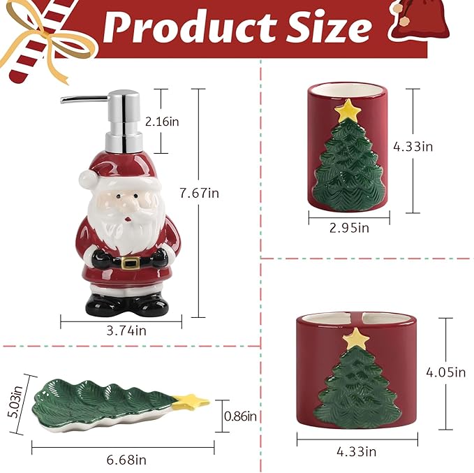 RQYIXI Merry Christmas Bathroom Accessories Set 4 Pieces Toothbrush Holder Soap Dispenser Ceramic Bathroom Accessory Set Contain Toothbrush Cup Soap Dish Tumbler