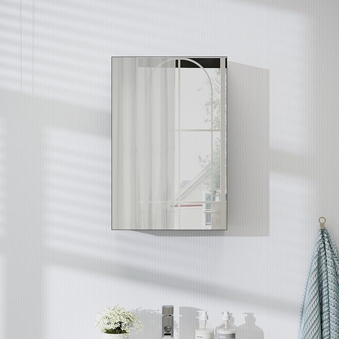 Panana Bathroom Mirror Cabinet Medicine Cabinets with Mirrored Door Wall Mounted Cabinet with Mirror, Storage Shelf with Adjustable Shelves Storage Organizer Kitchen Cupboard (Black, 19.7x27.6 inch)
